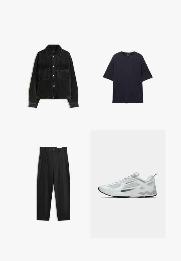 Jachetă neagră din catifea cord, cu închidere frontală cu nasturi, două buzunare la piept și guler. Material texturat cu dungi verticale.; PULL&BEAR SHORT SLEEVE TEXTURED WEAVE - Tricou basic - dark blue; Pantaloni negri din bumbac cu croială lejeră, având un brâu clasic, plii frontale și buzunare laterale. Textură netedă fără modele.; Pantofi sport albi din materiale din plasă și sintetice, cu accente argintii, o talpă texturată și un design cu siret.