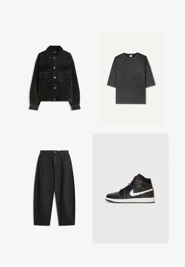 Črna kordna jakna z gumbnico spredaj, dvema žepoma na prsih in ovratnikom. Teksturen material z vertikalnimi rebrami.; Prevelika kratka majica s kratkimi rokavi temno sive barve, izdelana iz bombaža. Ima okrogel izrez in vidne šive ob robovih.; Črne široke hlače iz bombaža, ki imajo visok pas, sprednje žepke in diskretne šive. Gladka tekstura brez vzorcev.; Črne in rjave visoke tene s usnjenim zgornjim delom, belim logotipom v obliki kljuna, perforiranim prstnim delom in gumijastim podplatom. Imajo črne vezalke in ovratnik.