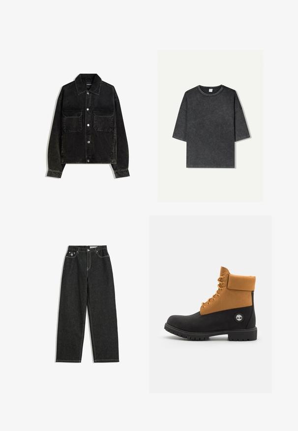 Crna kord jakna s gumbima sprijeda, dva džepa na prsima i ovratnikom. Tekstuirani materijal s vertikalnim trakama.; Prevelika majica kratkih rukava u tamnosivoj boji, napravljena od pamuka. Ima okrugli ovratnik i vidljivo šivanje duž rubova.; Crne traperice ravnog kroja s bijelim šavovima, dizajn od pet džepova, zatvaranje na gumbe i patentni zatvarač, te mali logo na prednjem desnom džepu.; Crne i smeđe gležnjače od kože i nubuka, s podstavljenim ovratnikom, šest rupica za vezanje i gumeni potplat s logom.