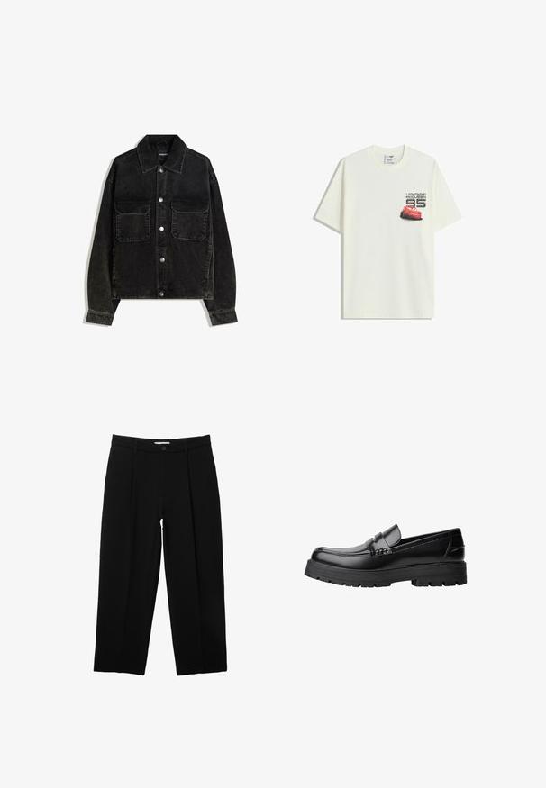 Črna kordna jakna z gumbnico spredaj, dvema žepoma na prsih in ovratnikom. Teksturen material z vertikalnimi rebrami.; Bela kratka majica s kratkimi rokavi z majhno grafiko rdečega avtomobila Lightning McQueen in besedilom "Lightning McQueen 95" na levem prsnem delu.; PULL&BEAR DARTED - Hlače - black; Črne usnjene loafersice s debelim profiliranim podplatom in dekorativnim pasom čez zgornji del, prikazane v levem stranskem profilu na beli podlagi.