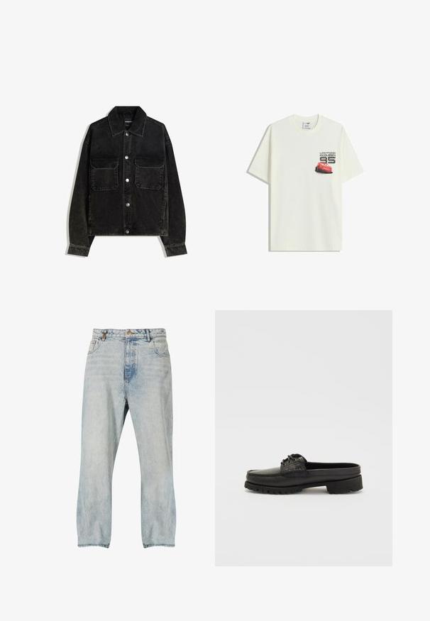 Czarna kurtka z kordurowej tkaniny z zapięciem na guziki z przodu, dwoma kieszeniami na piersi oraz kołnierzem. Teksturowany materiał z pionowymi prążkami.; Biała koszulka z krótkim rękawem z małą grafiką czerwonego samochodu Zygzaka McQueena i napisem "Zygzak McQueen 95" na lewej piersi.; Jasnoniebieskie dżinsy o luźnym kroju, z wysokim stanem, kontrastowym przeszyciem i pięcioma kieszeniami. Gładka tekstura z wyblakłymi akcentami.; Czarne skórzane buty wsuwane z detalami w postaci sznurków, okrągłym noskiem i teksturowaną podeszwą. Posiadają lekko podwyższony obcas i gładkie wykończenie.