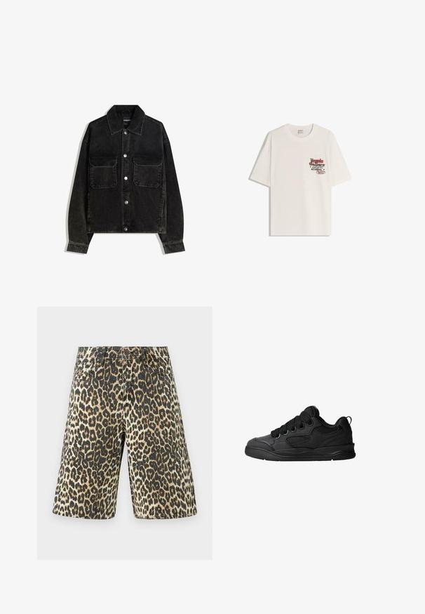 Mustat korduroy-takki napitus edessä, jossa on kaksi rintataskua ja kauluksellinen kaula. Teksturoitu kangas, jossa on pystysuorat urat.; Valkoinen puuvillapaita, jossa on lyhyet hihat ja pyöreä kaula-aukko. Vasemmassa rinnassa on painettu graafinen kuva punaisella ja mustalla tekstillä.; Shortsit denim leopardikuvioilla, joissa on vaaleanruskea, musta ja beige kuvio, viisi taskua ja suora leikkaus.; Mustat tennarit, joissa on teksturoitu päällyspinta, nauhat, verkkokohdat hengittävyyttä varten, pehmeä kaulus ja kestävä pohja.