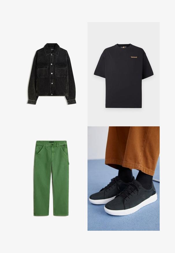 Giacca in velluto nero con chiusura a bottoni, due tasche sul petto e colletto. Tessuto testurizzato con righe verticali.; T-shirt nero a maniche corte con collo rotondo di Timberland, con piccolo logo beige sul lato sinistro del petto, esposto su uno sfondo bianco.; Pantaloni in cotone verde con design a gamba dritta, dotati di tasche anteriori, una tasca laterale e una chiusura con bottone in vita.; Sneakers in suede nera con suole in gomma bianca, dotati di un design con lacci, accenti testurizzati e branding sottile, abbinati a pantaloni marroni.