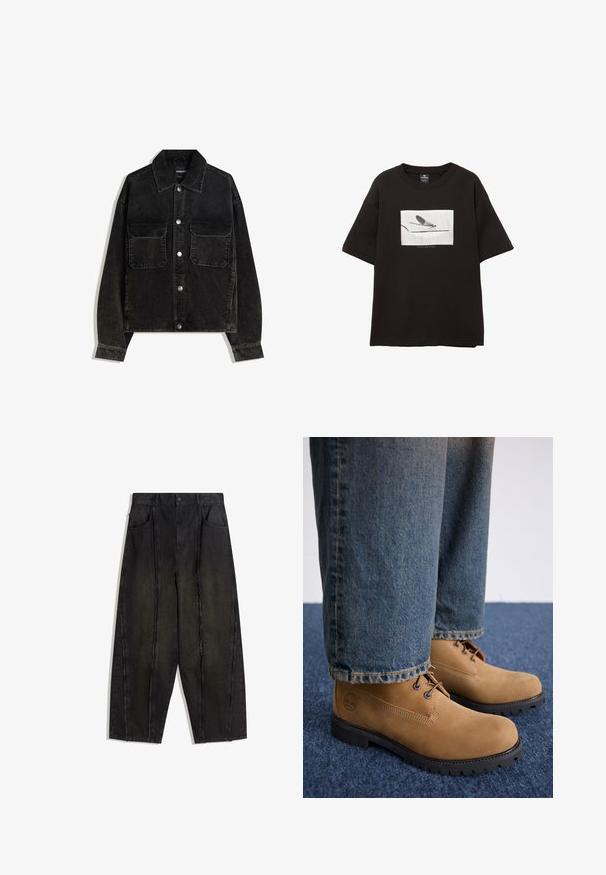 Fekete bordás dzseki gombos elülső résszel, két mellzsebbel és galléros nyakkal. Texturált anyag, függőleges bordákkal.; Fekete pamut póló rövid ujjakkal, fehér téglalap alakú grafikus mintával egy légyről vékony vonalon, minimalista logóval a kép alatt.; Fekete, bőszárú farmernadrág, látható varrásokkal és rojtos szélekkel, két első zsebbel és magas derekú fazonnal.; Timberland Fűzős bokacsizmák - medium beige