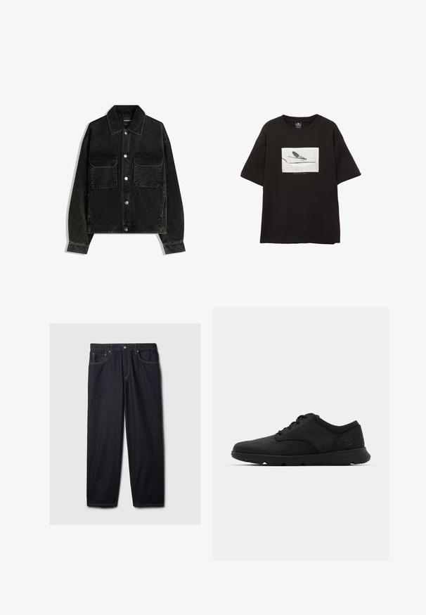 Giacca in velluto nero con chiusura a bottoni, due tasche sul petto e colletto. Tessuto testurizzato con righe verticali.; T-shirt nera in cotone con maniche corte, presenta una grafica rettangolare bianca di una mosca su una linea sottile, con un branding minimale sotto l'immagine.; Jeans in denim scuro con taglio dritto, dotati di chiusura a bottoni e zip, due tasche frontali e cuciture arancioni a contrasto.; Scarpe nere stringate con tomaia in pelle liscia, punta arrotondata e suola imbottita. Presentano un logo discreto sul tallone.