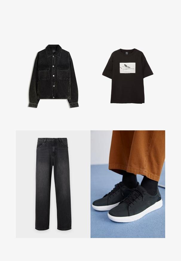 Giacca in velluto nero con chiusura a bottoni, due tasche sul petto e colletto. Tessuto testurizzato con righe verticali.; T-shirt nera in cotone con maniche corte, presenta una grafica rettangolare bianca di una mosca su una linea sottile, con un branding minimale sotto l'immagine.; Jeans in denim grigio scuro con un design a gamba dritta, dotati di zip, cinque tasche e dettagli di sbiadimento sottili sul tessuto.; Sneakers in suede nera con suole in gomma bianca, dotati di un design con lacci, accenti testurizzati e branding sottile, abbinati a pantaloni marroni.