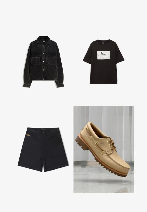 Fekete bordás dzseki gombos elülső résszel, két mellzsebbel és galléros nyakkal. Texturált anyag, függőleges bordákkal.; Fekete pamut póló rövid ujjakkal, fehér téglalap alakú grafikus mintával egy légyről vékony vonalon, minimalista logóval a kép alatt.; Fekete pamut rövidnadrág, elülső gombos záródással, oldalsó zsebekkel és egy kis sárga hallogóval a bal zseben.; Világosbarna bőrből készült csónakcipő vastag, barázdált talppal és fűzős részletekkel, egy márványpadló és fehér függőleges redőnyök háttér előtt lebeg.