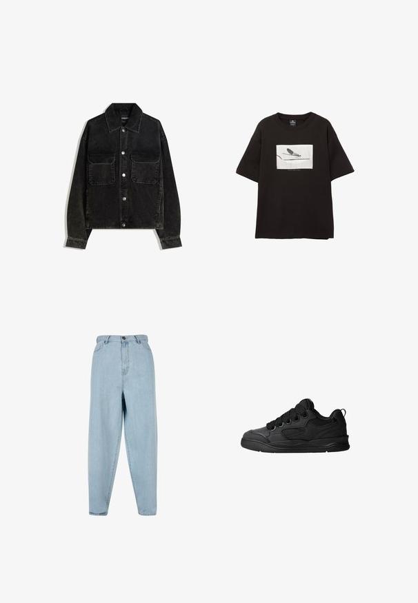 Czarna kurtka z kordurowej tkaniny z zapięciem na guziki z przodu, dwoma kieszeniami na piersi oraz kołnierzem. Teksturowany materiał z pionowymi prążkami.; Czarny bawełniany t-shirt z krótkim rękawem, z białą prostokątną grafiką muchy na cienkiej linii, minimalne logo poniżej obrazu.; Jasnoniebieskie dżinsy z wysokim stanem i luźnym krojem. Posiadają zapięcie na guzik z przodu, zamek błyskawiczny oraz pięć kieszeni. Lekko wyblakła tekstura materiału.; Czarne sneakersy z teksturowaną cholewką, z sznurowadłami, siateczkowymi akcentami dla lepszej wentylacji, wyściełanym kołnierzem oraz solidną podeszwą.
