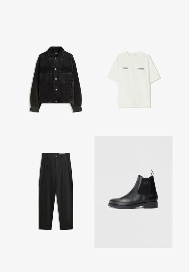 Jachetă neagră din catifea cord, cu închidere frontală cu nasturi, două buzunare la piept și guler. Material texturat cu dungi verticale.; T-shirt alb din bumbac cu mâneci scurte. Partea din față prezintă text negru: "NU MÂINE NU ASTĂZI" și "ARTA DE A MUDUI" în script verde.; Pantaloni negri din bumbac cu croială lejeră, având un brâu clasic, plii frontale și buzunare laterale. Textură netedă fără modele.; Botă Chelsea din piele neagră, cu panouri laterale elastice, toc jos, cu etichetă de prindere la călcâi și logo-ul GANT pe panoul lateral exterior.