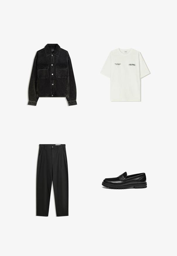 Zwarte corduroy jas met een knoopsluiting aan de voorkant, twee borstzakken en een kraag. Gelaagd weefsel met verticale ribbels.; Witte katoenen T-shirt met korte mouwen. Aan de voorkant staat in zwarte tekst: "NIET MORGEN NIET VANDAAG" en "DE KUNST VAN VUIL VERPLAATSEN" in groene cursieve letters.; Zwarte katoenen broeken met een losse pasvorm, voorzien van een klassieke tailleband, voorplooien en zijzakken. Gladde structuur zonder patronen.; Zwarte leren instappers met een gladde afwerking, voorzien van een gestructureerde suède accent op de voorkant en een robuust rubberen zoolontwerp.