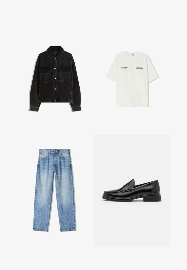 Černá kordurová bunda s předním zapínáním na knoflíky, dvěma náprsními kapsami a límcem. Texturovaná tkanina s vertikálními pruhy.; Bílý bavlněný tričko s krátkým rukávem. Na přední straně je černý text: "NE ZÍTRA, NE DNES" a "UMĚNÍ PRACOVÁNÍ S HLÍNOU" v zeleném písmu.; Světle modré džíny z denimu s volným střihem, rovnými nohavicemi, pěti kapsami a bledým vzhledem. Obsahují přední zapínání na knoflík a zip.; Černé kožené polobotky s kulatou špičkou, se šitým detailem přes nárt a nízkým blokovým podpatkem. Hladká textura a lesklý povrch.