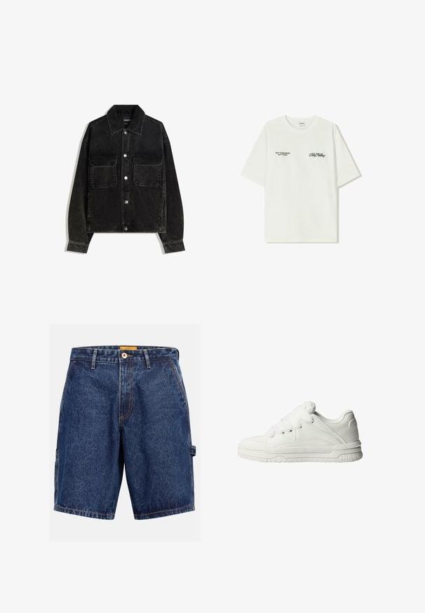 Čierna jemne ryhovaná bunda s gombíkmi na prednej strane, dvoma vreckami na hrudi a golierom. Textúrovaná tkanina s vertikálnymi ryhami.; Biela bavlnená tričko s krátkymi rukávmi. Na prednej časti je čierny text: "NIE ZAJTRA NIE DNES" a "UMENIE HLINENIA" v zelenej skripte.; Džínové šortky v tmavomodrej farbe, s uzáverom na gombík, pútkami na opasok a kontrastným oranžovým prešívaním. Rovný strih so bočnými vreckami.; Biele tenisky s hladkým koženým povrchom, polstrovanou jazykovkou, plochými šnúrkami a štruktúrovanými detailmi na stranách a päte.