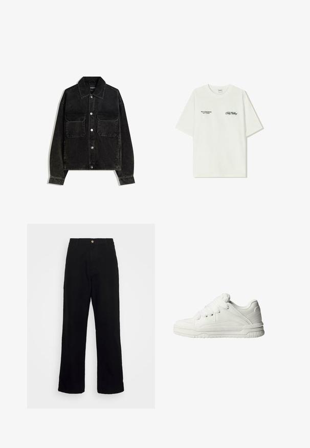 Zwarte corduroy jas met een knoopsluiting aan de voorkant, twee borstzakken en een kraag. Gelaagd weefsel met verticale ribbels.; Witte katoenen T-shirt met korte mouwen. Aan de voorkant staat in zwarte tekst: "NIET MORGEN NIET VANDAAG" en "DE KUNST VAN VUIL VERPLAATSEN" in groene cursieve letters.; Zwarte broek van zwaar materiaal, met een rechte pijp ontwerp, voorzakken, een rits en een enkele metalen knoopsluiting.; Witte sneakers met een gladde leren buitenkant, een gevoerde tong, platte veters en getextureerde accenten aan de zijkanten en hiel.