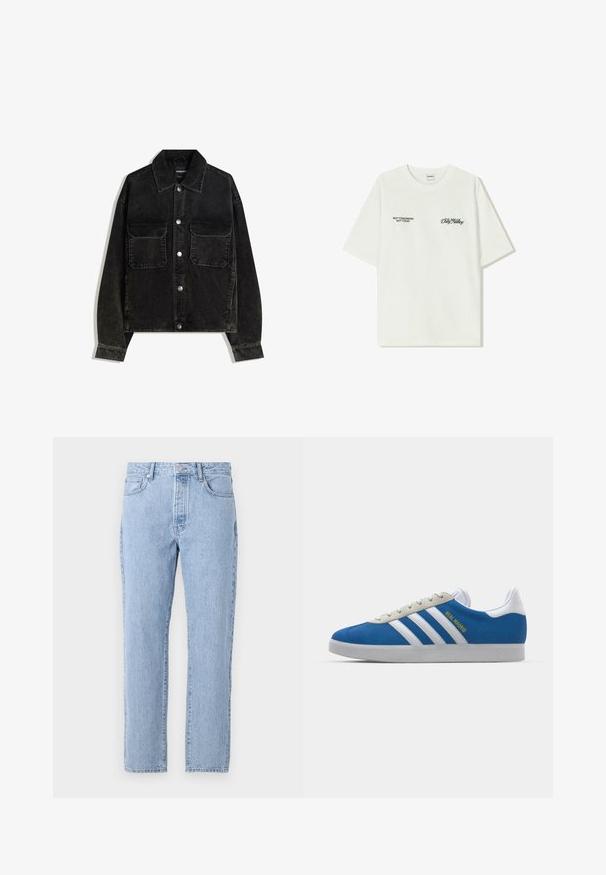 Černá kordurová bunda s předním zapínáním na knoflíky, dvěma náprsními kapsami a límcem. Texturovaná tkanina s vertikálními pruhy.; Bílý bavlněný tričko s krátkým rukávem. Na přední straně je černý text: "NE ZÍTRA, NE DNES" a "UMĚNÍ PRACOVÁNÍ S HLÍNOU" v zeleném písmu.; Světle modré džínové kalhoty se rovnými nohavicemi, pěti kapsami a zapínáním na knoflíky. Měkká textura s klasickým vybledlým vzhledem.; adidas Originals ADIDAS GAZELLE SHOES - Sálové kopačky - real madrid/bluebird/footwear white/crew yellow