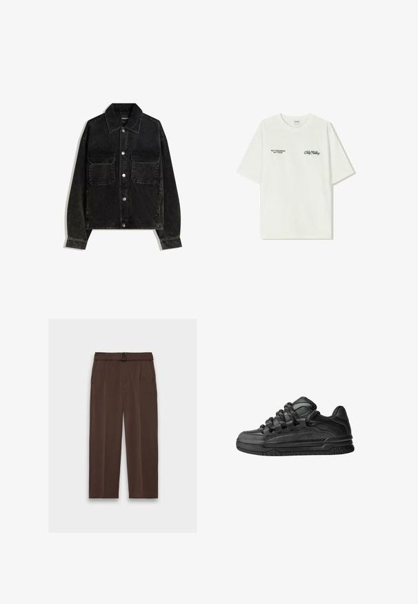 Crna kord jakna s gumbima sprijeda, dva džepa na prsima i ovratnikom. Tekstuirani materijal s vertikalnim trakama.; Bijela pamučna majica kratkih rukava. Na prednjem dijelu nalazi se crni natpis: "NE SJUTRA NE DANAS" i "UMJETNOST KRETANJA PRAHOM" na zelenoj boji.; Smeđe hlače s remenom, visokog struka, naboranim prednjim dijelom i bočnim džepovima; izrađene od glatkog, teksturiranog materijala.; Crne tenisice s glatkom kožnom gornjom površinom, teksturiranim detaljima i okruglim crnim i bijelim vezicama. Debeli gumeni potplat s uzorkom.