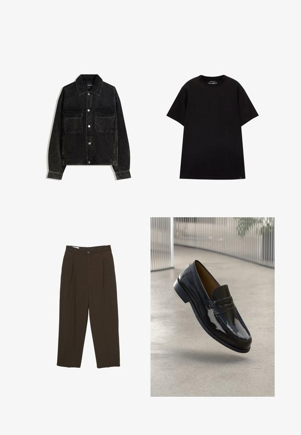 Mustat korduroy-takki napitus edessä, jossa on kaksi rintataskua ja kauluksellinen kaula. Teksturoitu kangas, jossa on pystysuorat urat.; PULL&BEAR JOIN LIFE - T-paita - black; Tummanruskeat muotoonommellut housut, joissa on etupleikkaukset, vyölenkit ja nappikiinnitys vyötäröllä.; Musta lakattu nahkalossi, jossa on ommeltu koriste, pyöreä varvas, matala korko ja sileä pinta, esitelty neutraalia taustaa vasten.