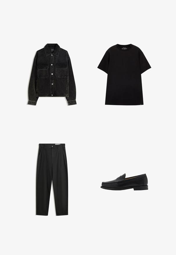 Zwarte corduroy jas met een knoopsluiting aan de voorkant, twee borstzakken en een kraag. Gelaagd weefsel met verticale ribbels.; PULL&BEAR JOIN LIFE - T-shirt basic - black; Zwarte katoenen broeken met een losse pasvorm, voorzien van een klassieke tailleband, voorplooien en zijzakken. Gladde structuur zonder patronen.; Mango Zakelijke loafers - black
