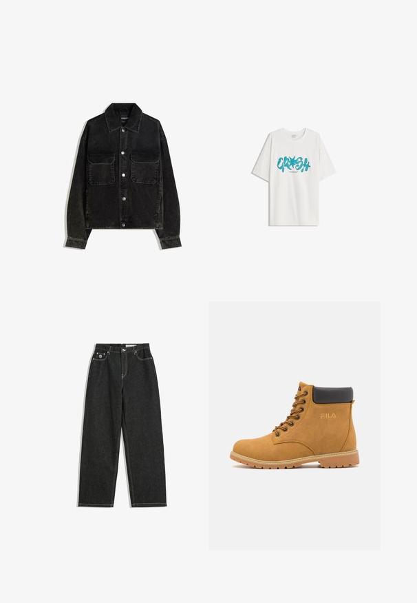 Črna kordna jakna z gumbnico spredaj, dvema žepoma na prsih in ovratnikom. Teksturen material z vertikalnimi rebrami.; Bershka SHORT SLEEVE - Potiskana majica - white; Črne ravne hlače iz jeansa z belim šivanjem, zasnova s petimi žepi, zapiranje na gumb in zadrgo, ter majhna logotip na sprednjem desnem žepu.; Rjavi nubuk gležnjači z črnim oblazinjenim ovratnikom, kovinskimi očesi in teksturiranim gumijastim podplatom. Imajo embosirani logo na strani.