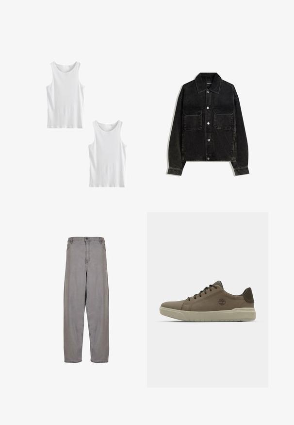 Mustat korduroy-takki napitus edessä, jossa on kaksi rintataskua ja kauluksellinen kaula. Teksturoitu kangas, jossa on pystysuorat urat.; Next TWO PACK - Toppi - white ribbed; Harmaat farkut, joissa on korkea vyötärö, leveä lahje, etuvetoketju ja nappisulku. Sileä pinta, jossa on minimalistinen muotoilu.; Ruskean nahkakengät matalalla profiililla, kumipohjalla ja vihreillä yksityiskohdilla; sivussa on logo ja pintakuvioidut paneelit pidon parantamiseksi.