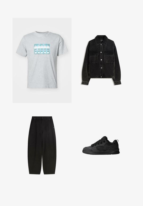 Zwarte corduroy jas met een knoopsluiting aan de voorkant, twee borstzakken en een kraag. Gelaagd weefsel met verticale ribbels.; Grijze katoenen t-shirt met een centrale print van vijf voetballers in witte outfits met teal accenten, ronde halslijn en korte mouwen.; Zwarte brede pantalons met frontzakken, geplooid design en een nette afwerking. Gemaakt van textuurstof met een knoopsluiting.; Zwarte sneakers met een gestructureerde bovenkant, voorzien van veters, mesh-details voor ademend vermogen, een gevoerd kraagje en een stevige zool.