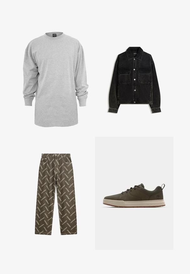 Giacca in velluto nero con chiusura a bottoni, due tasche sul petto e colletto. Tessuto testurizzato con righe verticali.; Maglietta a maniche lunghe grigia chiara realizzata in tessuto misto cotone. Presenta un collo a giro e una vestibilità ampia con polsini a coste, senza motivi o decorazioni.; Pantaloni in denim khaki con un motivo a piume in tutta superficie di un beige chiaro. Vestibilità ampia con tasche standard e dettagli di cucitura a contrasto.; Sneaker verde scuro con tomaia liscia, intersuola beige chiaro e suola in gomma. Presenta una punta arrotondata e una brandizzazione minima sul tallone.