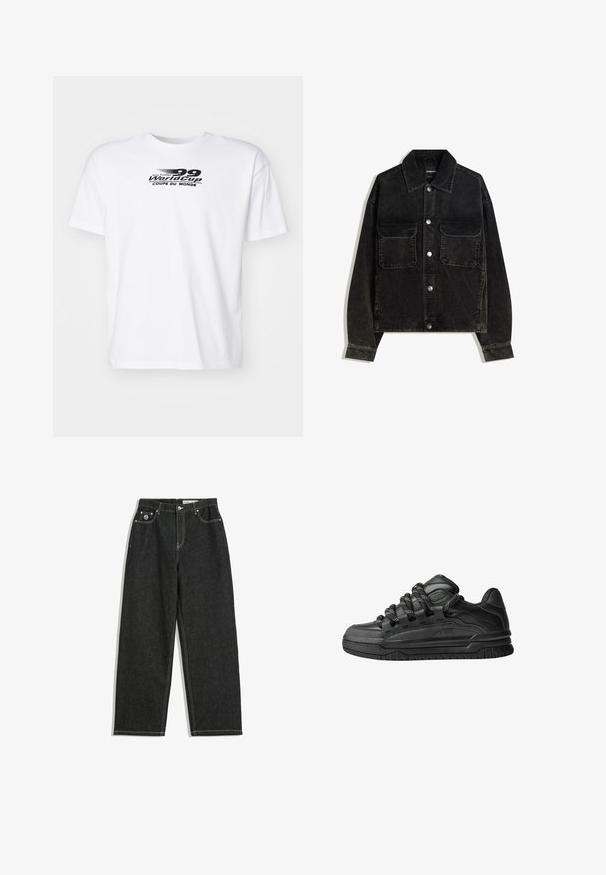 Čierna jemne ryhovaná bunda s gombíkmi na prednej strane, dvoma vreckami na hrudi a golierom. Textúrovaná tkanina s vertikálnymi ryhami.; Biela bavlnená tričko s krátkymi rukávmi, na ktorom je čierny grafický potlač s nápisom "Table Fussball World Cup Coupe du Monde."; Čierne rovné džínsy s bielym prešívaním, designom s piatimi vreckami, zapínaním na gombík a zips, a malým logom na pravom prednom vrecku.; Čierne tenisky s hladkým koženým zvrškom, štruktúrovanými akcentami a okrúhlymi čierno-bielymi šnúrkami. Hrubá gumená podrážka s vzorovaným dezénom.