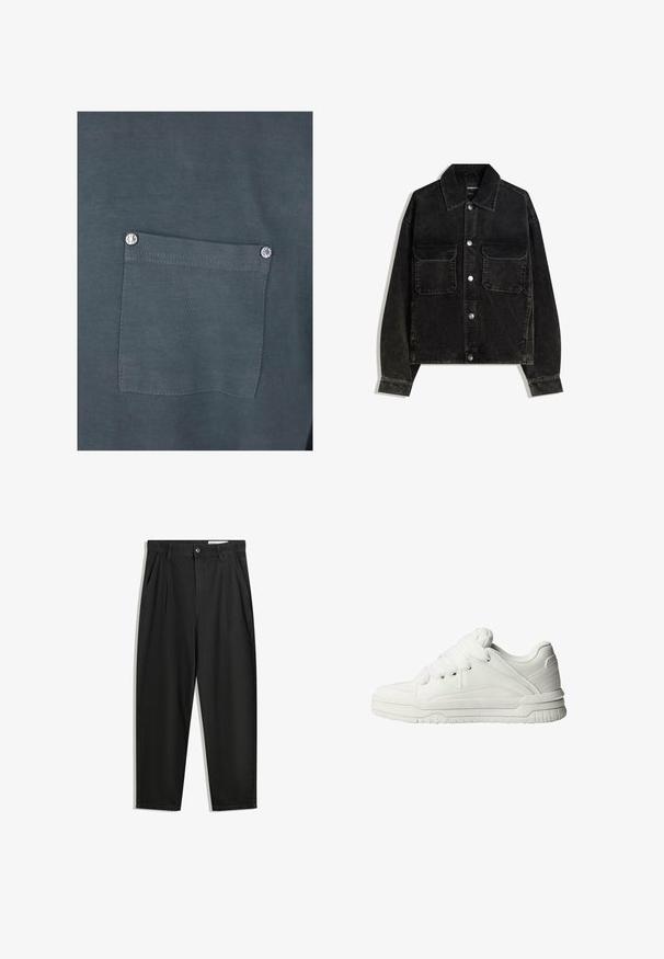 Czarna kurtka z kordurowej tkaniny z zapięciem na guziki z przodu, dwoma kieszeniami na piersi oraz kołnierzem. Teksturowany materiał z pionowymi prążkami.; Czarny bawełniany t-shirt w ciemnoszarym kolorze z kieszonką na piersi z srebrnym zatrzaskiem oraz gładką teksturą. Widoczne są szwy wokół kieszonki.; Czarne bawełniane spodnie o luźnym kroju, z klasycznym pasem, przednimi plisy oraz bocznymi kieszeniami. Gładka struktura, bez wzorów.; Białe sneakersy z gładką skórzaną powierzchnią, wyściełanym językiem, płaskimi sznurówkami oraz teksturowanymi akcentami po bokach i na pięcie.