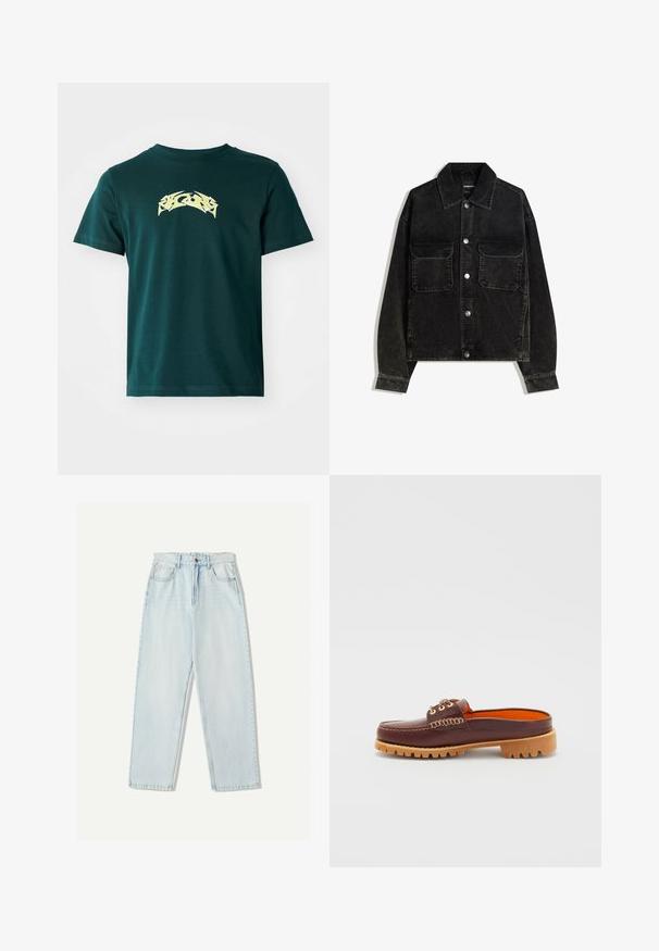 Crna kord jakna s gumbima sprijeda, dva džepa na prsima i ovratnikom. Tekstuirani materijal s vertikalnim trakama.; Tamnozeleni pamučni majica s okruglim izrezom i kratkim rukavima. Ima žuti grafički dizajn na prsima. Glatka tekstura.; Svijetloplave traperice s opuštenim krojem, ravnim nogavicama, pet džepova i suptilnim izbljeđivanjem na tkanini.; Smeđi kožni cipele bez pertli s zaobljenim vrhom, teksturiranim detaljima šivanja, zlatnim rupicama i smeškim, rebrastim đonom. Unutrašnjost je u svetlo narančastoj boji.