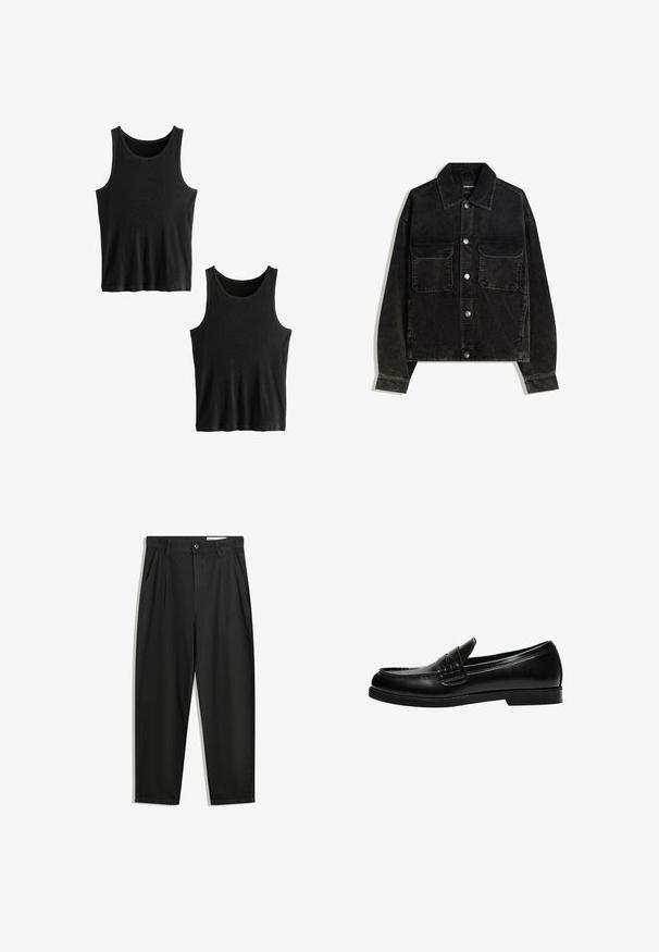 Zwarte corduroy jas met een knoopsluiting aan de voorkant, twee borstzakken en een kraag. Gelaagd weefsel met verticale ribbels.; Next TWO PACK - Top - black ribbed; Zwarte katoenen broeken met een losse pasvorm, voorzien van een klassieke tailleband, voorplooien en zijzakken. Gladde structuur zonder patronen.; Zwarte leren loafers met een gladde afwerking, voorzien van stiksel op de voorkant en een lage, stevige zwarte rubberen zool.