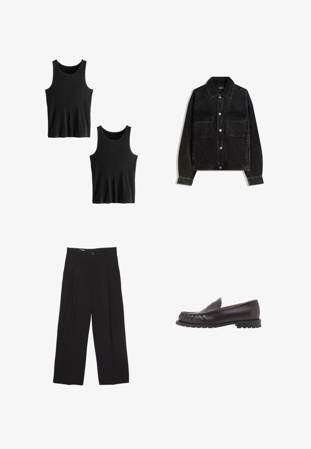 Čierna jemne ryhovaná bunda s gombíkmi na prednej strane, dvoma vreckami na hrudi a golierom. Textúrovaná tkanina s vertikálnymi ryhami.; Next TWO PACK - Top - black ribbed; Čierne široké nohavice vyrobené z hladkej tkaniny, s plochým pásom, prednými záhybmi a jedným zapínaním na gombík.; Hnedé kožené mokasíny s okrúhlou špičkou, prešívaním a nízkou gumovou podrážkou. Hladký povrch s jemným leskom.