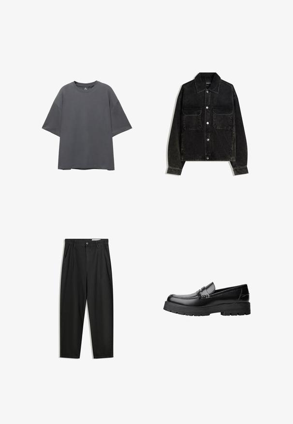 Fekete bordás dzseki gombos elülső résszel, két mellzsebbel és galléros nyakkal. Texturált anyag, függőleges bordákkal.; Szürke oversized póló, rövid ujjú, kerek nyakkal, pamut keverék anyag, sima textúra, minimális dizájn minták vagy díszítések nélkül.; Fekete pamut nadrág laza szabással, klasszikus derékrésszel, elülső hajtásokkal és oldalsó zsebekkel. Simább textúra minta nélkül.; Fekete bőr loaferek vastag, bordázott talppal és díszcsíkkal az upper rész felett, bal oldali profilmódban, fehér háttér előtt.