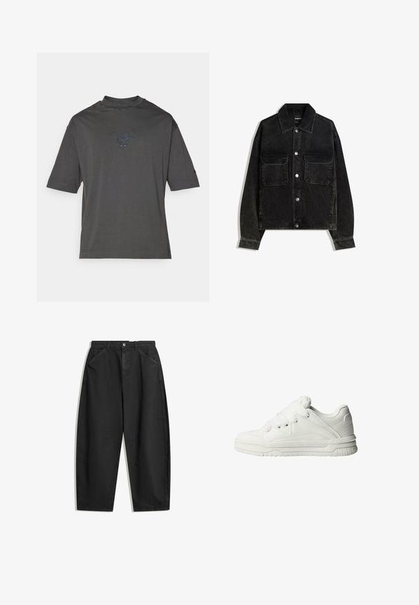 Mustat korduroy-takki napitus edessä, jossa on kaksi rintataskua ja kauluksellinen kaula. Teksturoitu kangas, jossa on pystysuorat urat.; Harmaa lyhythihainen t-paita, joka on valmistettu puuvillasta. Paitassa on hienovaraisesti sininen härkälogo kirjailtuna rintaan ja pyöreä kaula-aukko.; Mustat leveälahkeiset housut, jotka on valmistettu puuvillasta. Ne on varustettu korkealla vyötäröllä, etutaskuilla ja hienovaraista ompelua. Pintakuvio on sileä ilman koristeita.; Valkoiset lenkkarit, joissa on sileä nahkaulkopinta, pehmustettu kieli, litteät nauhat ja teksturoidut yksityiskohdat sivuilla ja kantapäällä.