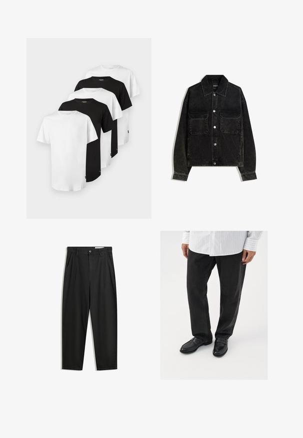 Černá kordurová bunda s předním zapínáním na knoflíky, dvěma náprsními kapsami a límcem. Texturovaná tkanina s vertikálními pruhy.; Sada pěti triček: tři bílá a dvě černá. Klasický střih s kulatým výstřihem, krátké rukávy, bavlněný materiál, hladký povrch, standardní střih.; Černé bavlněné kalhoty s uvolněným střihem, klasickým pasem, předními záhyby a bočními kapsami. Hladká textura bez vzorů.; Černé džíny spárované s lesklými černými mokasíny. Košile je bílá s tenkými vertikálními pruhy, má dlouhé rukávy a zapínání na knoflíky.