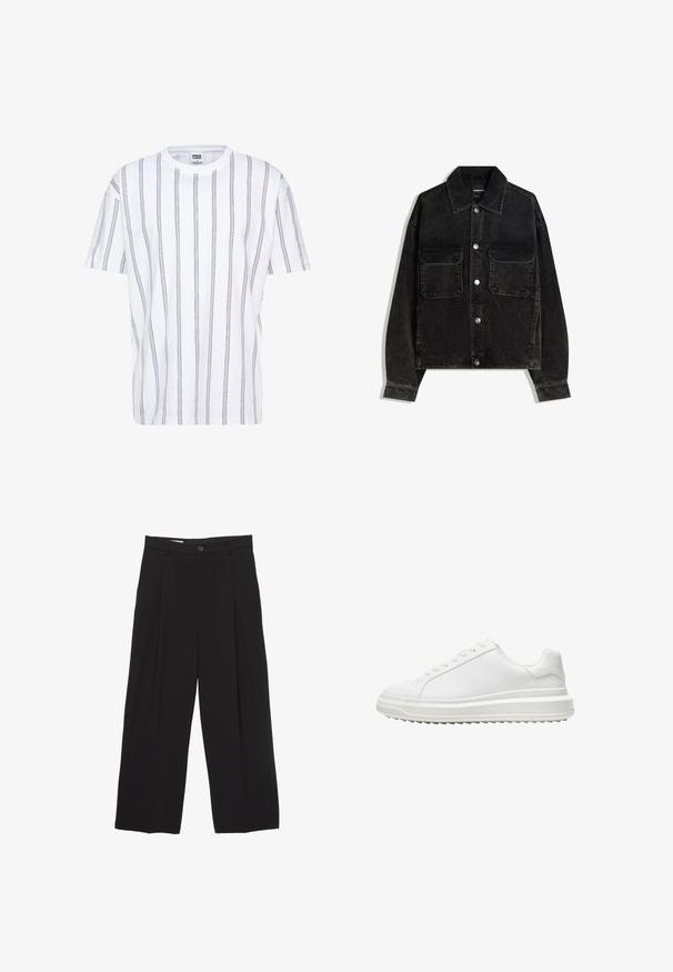 Črna kordna jakna z gumbnico spredaj, dvema žepoma na prsih in ovratnikom. Teksturen material z vertikalnimi rebrami.; Bela kratka majica s kratkimi rokavi, ki ima navpične večbarvne črte. Ima okroglo ovratnico in ohlapen kroj, izdelana je iz bombažnega materiala.; Črne široke hlače iz gladkega blaga, z ravnim pasom, sprednjimi povešalnimi pregibi in enim gumbom za zapiranje.; Beli copati z gladkim sintetičnim zgornjim delom, okroglo konico, ravnim vezalkami, teksturiranim podplatom in slojevito platformo za dodatno višino.