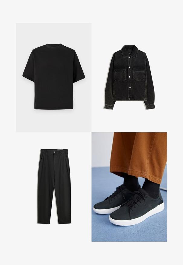 Black corduroy jacket with a button-up front, two chest pockets, and a collared neck. Textured fabric with vertical ridges.; Black short-sleeve T-shirt in a loose fit, made of smooth cotton, featuring a round neckline and minimalistic design.; Black cotton trousers with a relaxed fit, featuring a classic waistband, front pleats, and side pockets. Smooth texture without patterns.; Black suede sneakers with white rubber soles, featuring lace-up design, textured accents, and subtle branding, paired with brown pants.