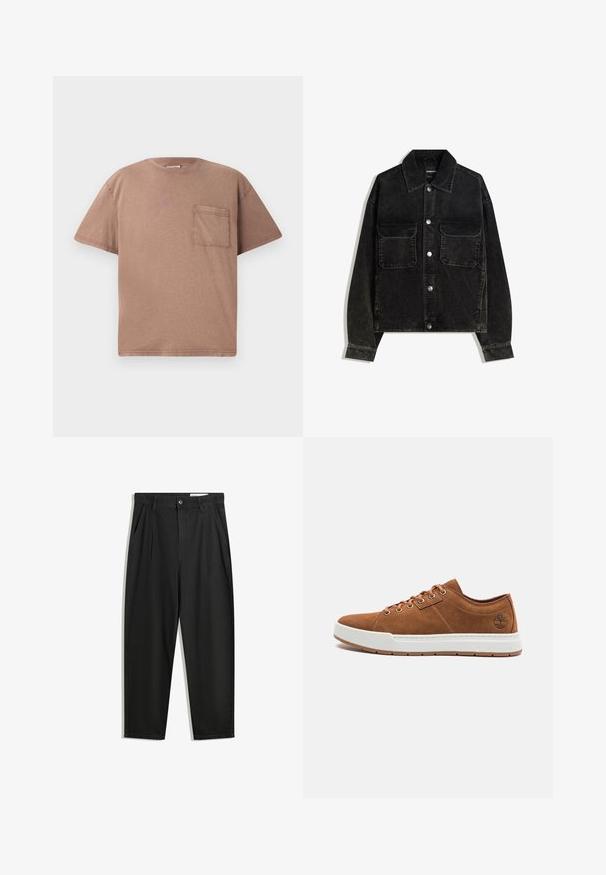 Černá kordurová bunda s předním zapínáním na knoflíky, dvěma náprsními kapsami a límcem. Texturovaná tkanina s vertikálními pruhy.; Tričko s krátkým rukávem a kulatým výstřihem z lehké hnědé bavlny, s jednou náprsní kapsou a jemnou texturou. Rovný střih s čistými okraji.; Černé bavlněné kalhoty s uvolněným střihem, klasickým pasem, předními záhyby a bočními kapsami. Hladká textura bez vzorů.; Hnědé semišové tenisky s bílou gumovou podrážkou, kulatou špičkou, šesti kovovými očky a embosovaným detailem loga na boku. Klasický design se šněrováním.