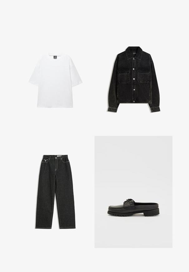 Sort fløjlsjakke med knaplukning fortil, to brystlommer og krave. Tektureret stof med lodrette ribber.; Hvid oversized t-shirt med korte ærmer, rund halsudskæring og blødt bomuldsstof. Har et sort mærke ved halsen. Ingen mønstre eller accenter.; Sorte straight-leg jeans med hvid syning, fem lomme-design, knap- og lynlåslukning samt et lille logo på den frontale højre lomme.; Sorte læderslipsko med snøre-detalje, rund tå og tekstureret sål. Har en let hævet hæl og glat overflade.