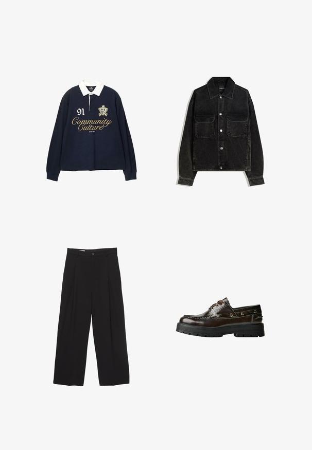 Čierna jemne ryhovaná bunda s gombíkmi na prednej strane, dvoma vreckami na hrudi a golierom. Textúrovaná tkanina s vertikálnymi ryhami.; Námornícky polokošeľ s dlhým rukávom a bielym golierom, s vyšívaným zlatým textom "Community Culture" a číslom "91", a dekoratívnym erbom.; Čierne široké nohavice vyrobené z hladkej tkaniny, s plochým pásom, prednými záhybmi a jedným zapínaním na gombík.; Hnedé kožené lodičky s gumovou podrážkou, s vystúžením, kovovými očkami a dizajnom na šnurovanie. Robustná, ľahká konštrukcia.