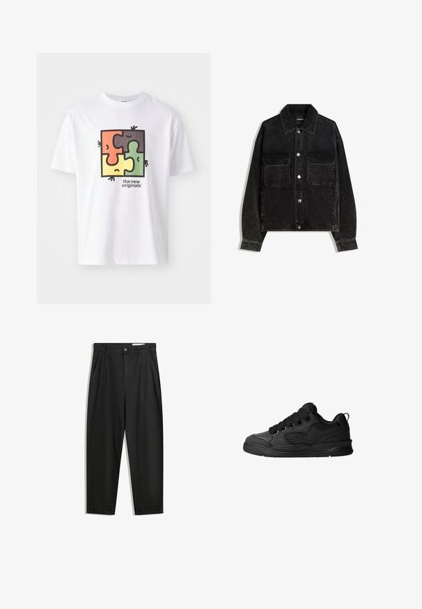 Crna kord jakna s gumbima sprijeda, dva džepa na prsima i ovratnikom. Tekstuirani materijal s vertikalnim trakama.; Bijela majica s grafikom kvadratne slagalice koja ima crvene, zelene, žute i crne elemente. Natpis glasi "novi originali." Mekani pamuk.; Crne pamučne hlače s opuštenim krojem, s klasičnim pojasom, prednjim nabranjima i bočnim džepovima. Glatka tekstura bez uzoraka.; Crne tenisice s teksturiranim gornjim dijelom, sa vezicama, mrežastim detaljima za prozračnost, podstavljenim ovratnikom i čvrstim potplatima.