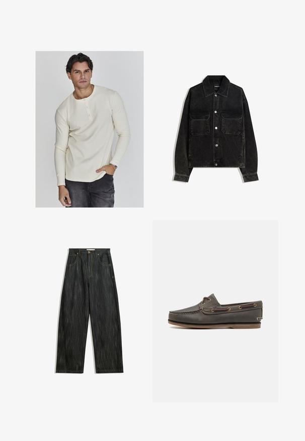 Svart kordflodjacka med knapp-up framtill, två bröstfickor och krage. Strukturerad tyg med vertikala ribbor.; Långärmad krämfärgad ribbad henley-tröja med rund halsringning, tre knappar i placket och åtsittande ärmslut, kombinerad med mörka jeans.; Mörka denimjeans med lös passform, med subtil vertikal textur, gula sömmar, fem fickor och klassisk knappstängning.; Mörkbruna läderskor för båten med låg profil, utrustade med mässingsögon och kontrasterande sömmar, platt gummisula och strukturerad yta.