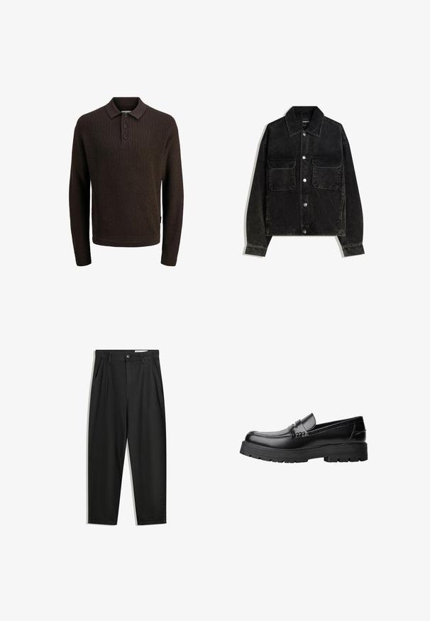 Giacca in velluto nero con chiusura a bottoni, due tasche sul petto e colletto. Tessuto testurizzato con righe verticali.; Maglione polo a maniche lunghe in maglia marrone con texture a coste, placca con tre bottoni e colletto classico.; Pantaloni in cotone neri con una vestibilità rilassata, dotati di una vita classica, pieghe frontali e tasche laterali. Tessuto liscio senza fantasie.; Mocassino in pelle nera con suola spessa e tassellata e fascia decorativa sulla parte superiore, mostrato in profilo sinistro su sfondo bianco.