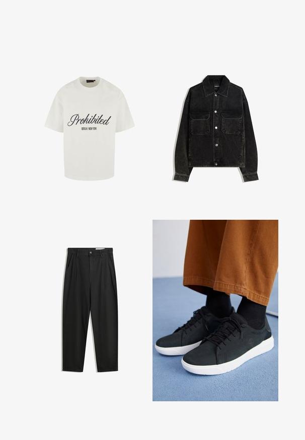 Čierna jemne ryhovaná bunda s gombíkmi na prednej strane, dvoma vreckami na hrudi a golierom. Textúrovaná tkanina s vertikálnymi ryhami.; Bielo bavlnené tričko s uvoľneným strihom, okrúhlym výstrihom a čiernym písmom "Zakázané" s "BERLÍN // NEW YORK" pod tým.; Čierne bavlnené nohavice s voľným strihom, s klasickým pásom, prednými záhybmi a bočnými vreckami. Hladká textúra bez vzorov.; Čierne zamatové tenisky s bielymi gumovými podrážkami, so šnurovacím dizajnom, textúrovanými akcentami a decentným brandingom, skombinované s hnedými nohavicami.