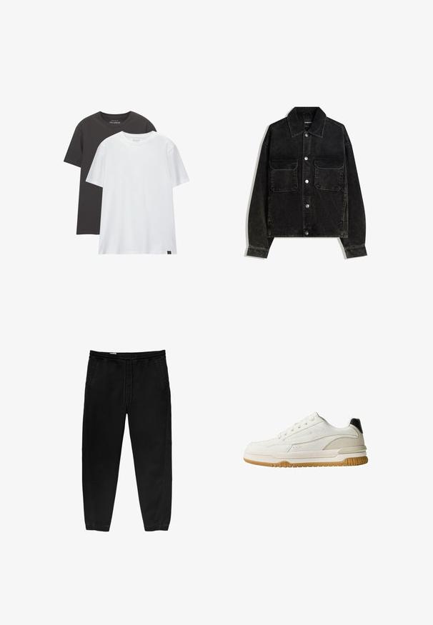 Fekete bordás dzseki gombos elülső résszel, két mellzsebbel és galléros nyakkal. Texturált anyag, függőleges bordákkal.; Két normál fazonú póló: az egyik fekete, a másik fehér, puha pamutból készült. Mindkettő kerek nyakú és rövid ujjú, minta nélkül.; Fekete, rugalmas derékpántos nadrág, zsinóros megkötéssel, tapered lábakkal, oldalsó zsebekkel és diszkrét oldalsó varrási részletekkel. Puha pamut anyagtextúra.; Fehér sneaker sima bőr és velúr felsőrésszel, gumitalppal és diszkrét szürke részletekkel. Hat fűzőlyuk és fekete saroktab található rajta.