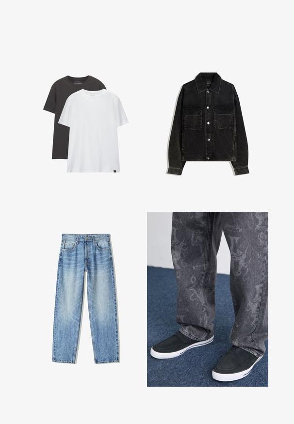 Crna kord jakna s gumbima sprijeda, dva džepa na prsima i ovratnikom. Tekstuirani materijal s vertikalnim trakama.; Dva obična T-majica: jedna crna i jedna bijela, izrađene od mekog pamuka. Obje imaju okrugli izrez i kratke rukave bez uzoraka.; Svijetloplave traperice s opuštenim krojem, ravnim nogavicama, pet džepova i izblijedjelim uzorkom. Uključuju prednje kopčanje na gumb i zatvarač.; Crne klizne cipele s bijelim potplatom, teksturirane, uparene s sivoj trapericama s suptilnim uzorkom, postavljene na plavi tepih.