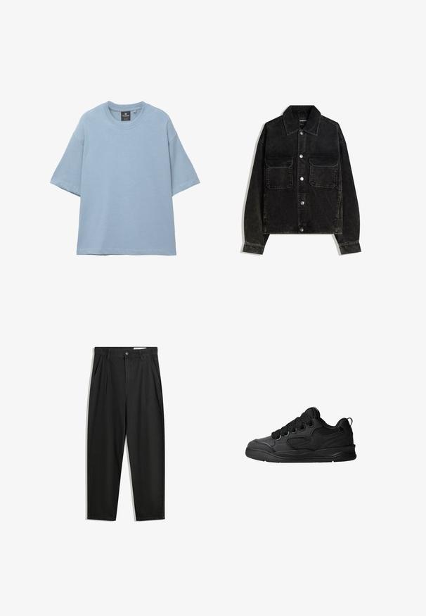 Črna kordna jakna z gumbnico spredaj, dvema žepoma na prsih in ovratnikom. Teksturen material z vertikalnimi rebrami.; Svetlo modra prevelika kratka majica s kratkimi rokavi in krojnim ovratnikom, s vidno oznako blagovne znamke znotraj ovratnika, prikazana na belem ozadju.; Črne bombažne hlače s sproščenim krojem, ki vključujejo klasičen pas, sprednje gube in stranske žepke. Gladka tekstura brez vzorcev.; Črne superge z teksturiranim zgornjim delom, opremljene z vezalkami, mrežastimi dodatki za zračnost, oblazinjenim ovratnikom in trdnim podplatom.