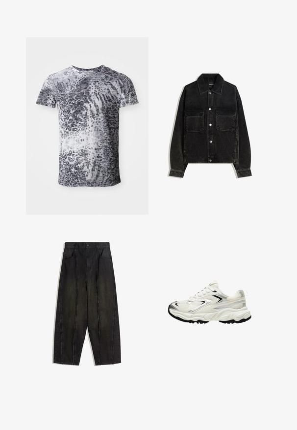 Čierna jemne ryhovaná bunda s gombíkmi na prednej strane, dvoma vreckami na hrudi a golierom. Textúrovaná tkanina s vertikálnymi ryhami.; Tričkot s krátkym rukávom v sivej a bielej farbe s leopardím vzorom. Vyrobené z mäkkej látky s dizajnom okrúhleho výstrihu.; Čierne nohavice s širokými nohavicami z denimu, viditeľné švy a rozstrapkané okraje, so zapracovanými prednými vreckami a vysokým pásom.; Biele tenisky s hornou časťou z mriežky, striebornými detailmi, čiernou podrážkou a textúrovanými panelmi. Majú šnurovací dizajn a zaoblený tvar špičky.