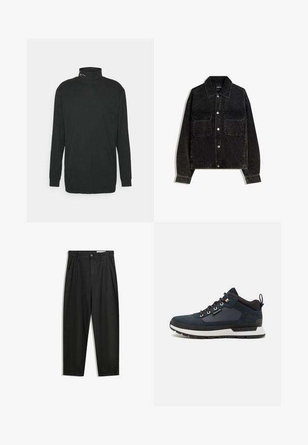 Crna kord jakna s gumbima sprijeda, dva džepa na prsima i ovratnikom. Tekstuirani materijal s vertikalnim trakama.; Crna majica dugih rukava s vunenim izrezom od pamuka, s visokim ovratnikom i malim logom na području vrata. Glatka tekstura.; Crne pamučne hlače s opuštenim krojem, s klasičnim pojasom, prednjim nabranjima i bočnim džepovima. Glatka tekstura bez uzoraka.; Tamno plava planinarska cipela sa gornjim dijelom od semishe i tekstila, bijelim međupotplatkom, crnim potplatom i metalnim rupicama. Ima stražnji trak za lakše obuvanje.