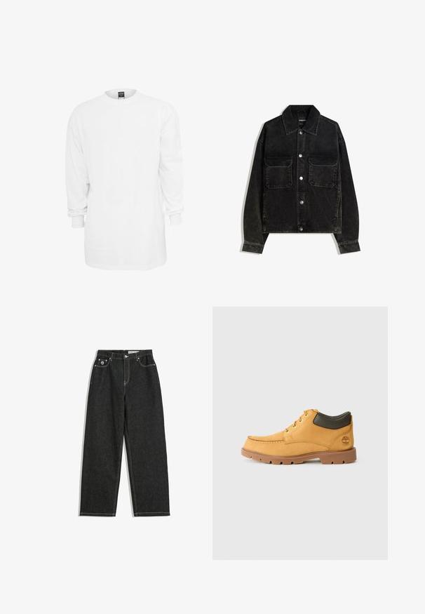 Črna kordna jakna z gumbnico spredaj, dvema žepoma na prsih in ovratnikom. Teksturen material z vertikalnimi rebrami.; Bela bombaža majica z dolgimi rokavi, okroglim izrezom, širokim krojem in rebrastimi manšetami. Enostaven dizajn, brez grafik ali vzorcev.; Črne ravne hlače iz jeansa z belim šivanjem, zasnova s petimi žepi, zapiranje na gumb in zadrgo, ter majhna logotip na sprednjem desnem žepu.; Rumene usnjene čevlje s svetlo rjavim gumijastim podplatom, okroglim nosom in zelenim usnjenim detajlom na gležnju. Opremljeni so z zlatimi luknjicami in šivi.