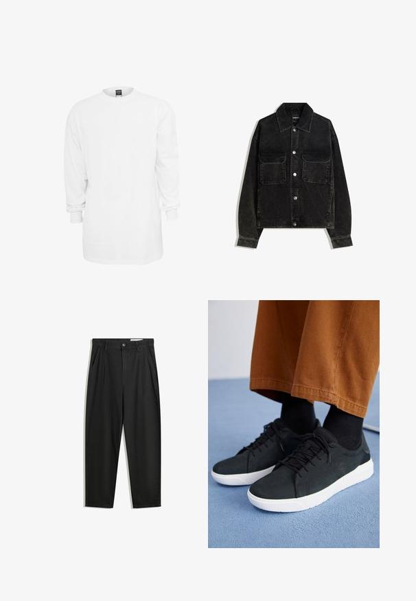 Čierna jemne ryhovaná bunda s gombíkmi na prednej strane, dvoma vreckami na hrudi a golierom. Textúrovaná tkanina s vertikálnymi ryhami.; Biela bavlnená tričko s dlhými rukávmi, okrúhlym výstrihom, voľným strihom a rebrovanými manžetami. Jednoduchý dizajn, bez grafiky alebo vzorov.; Čierne bavlnené nohavice s voľným strihom, s klasickým pásom, prednými záhybmi a bočnými vreckami. Hladká textúra bez vzorov.; Čierne zamatové tenisky s bielymi gumovými podrážkami, so šnurovacím dizajnom, textúrovanými akcentami a decentným brandingom, skombinované s hnedými nohavicami.
