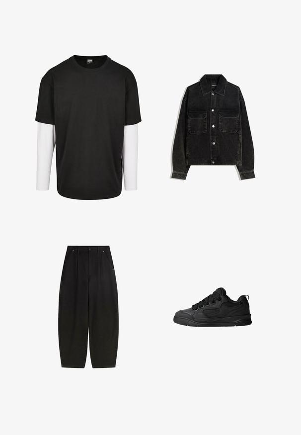 Zwarte corduroy jas met een knoopsluiting aan de voorkant, twee borstzakken en een kraag. Gelaagd weefsel met verticale ribbels.; Zwarte T-shirt met korte mouwen en een witte laag met lange mouwen eronder. Gemaakt van katoen met een ronde hals en een relaxte pasvorm.; Zwarte brede pantalons met frontzakken, geplooid design en een nette afwerking. Gemaakt van textuurstof met een knoopsluiting.; Zwarte sneakers met een gestructureerde bovenkant, voorzien van veters, mesh-details voor ademend vermogen, een gevoerd kraagje en een stevige zool.